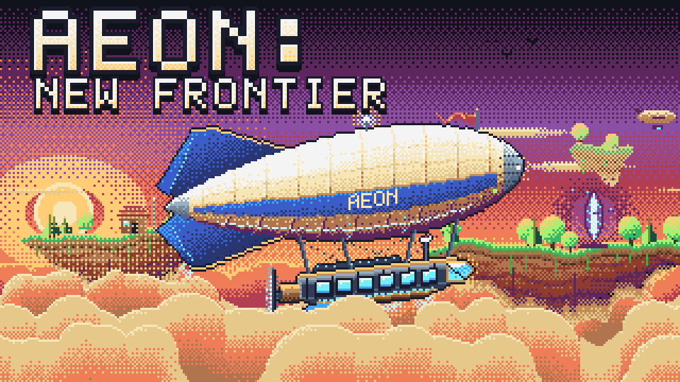 Aeon: New Frontier: the airship Aeon between two floating islands at sunset